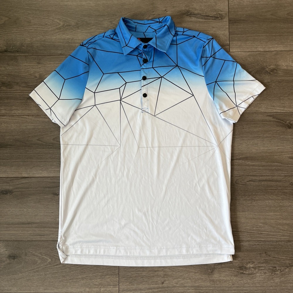 J by Jamie Sadock Mens M Polo Shirt Short Sleeve Blue White Geometric